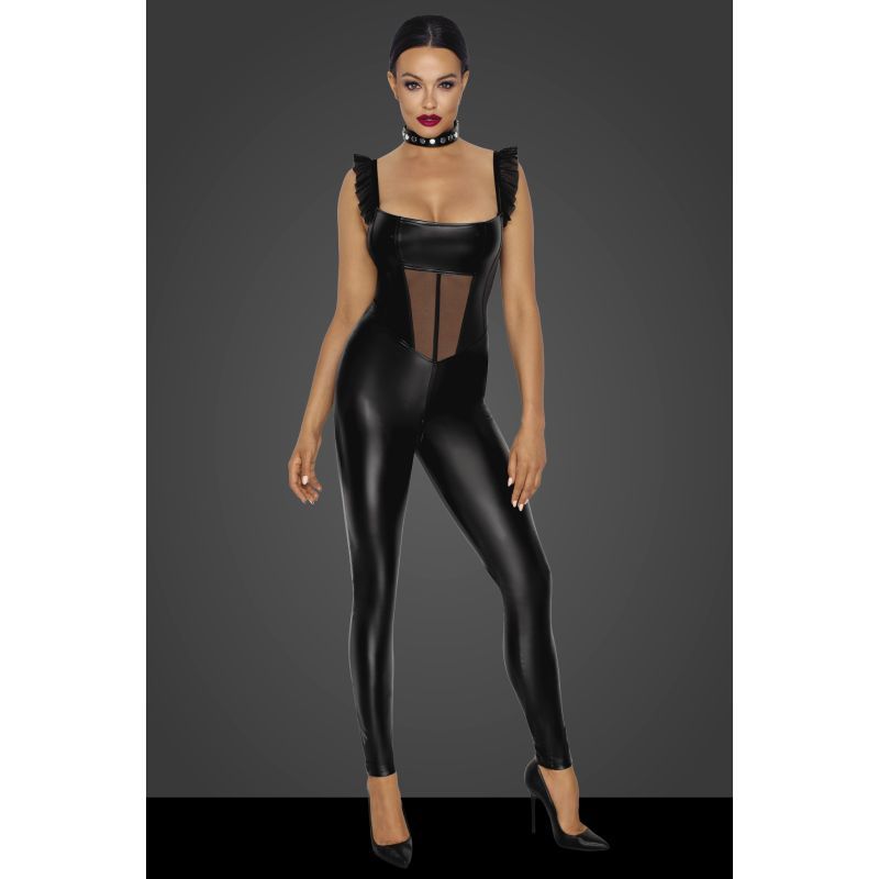 Noir Power Wetlook Overall With Tulle Panel Black