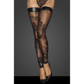 Noir Tulle Stockings W Patterned Flock Embroidery & Power Wetlook Band - Black - Medium