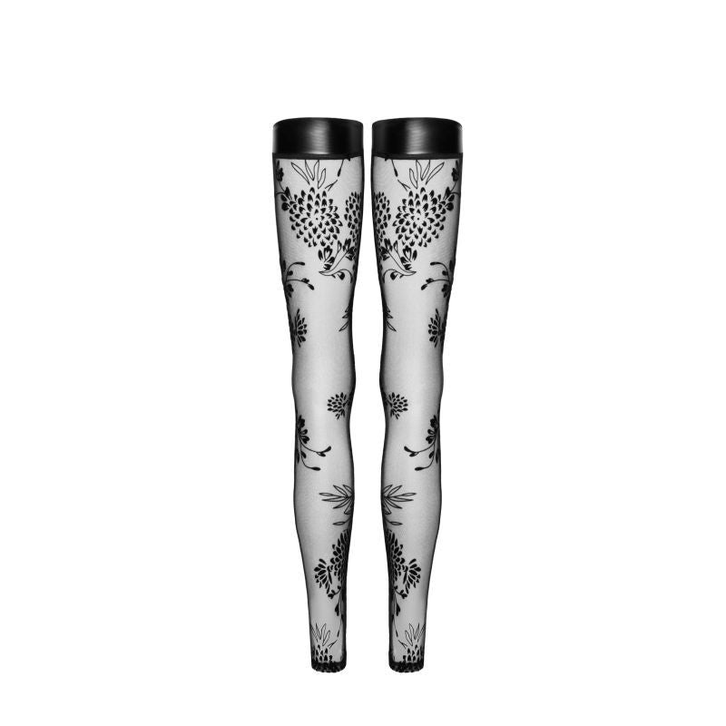 Noir Tulle Stockings W Patterned Flock Embroidery & Power Wetlook Band - Black - Medium