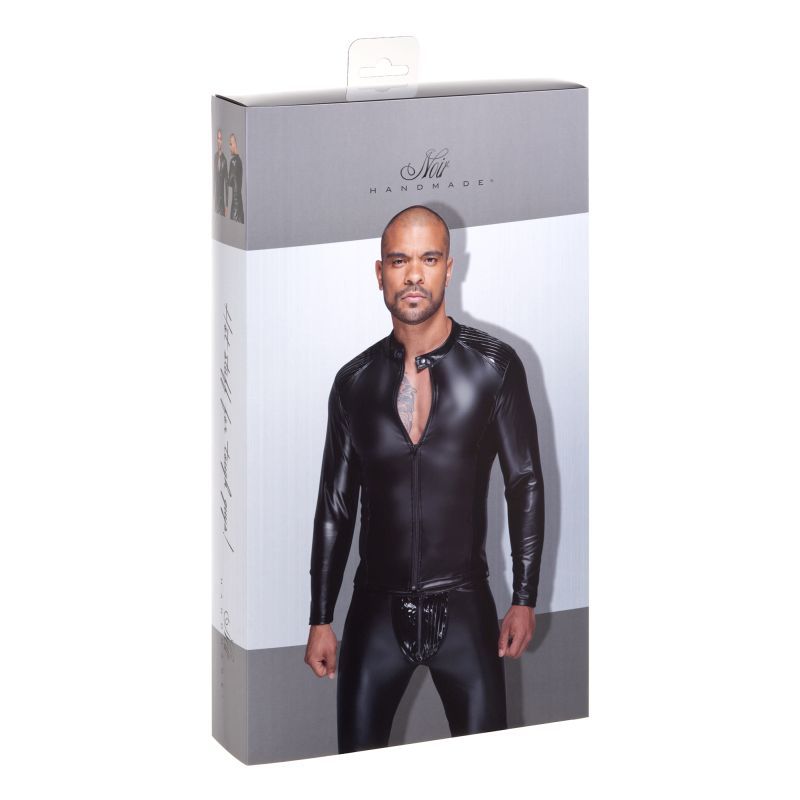 Noir Power Wetlook Mens Jacket Pleated Pvc Epaulets Black