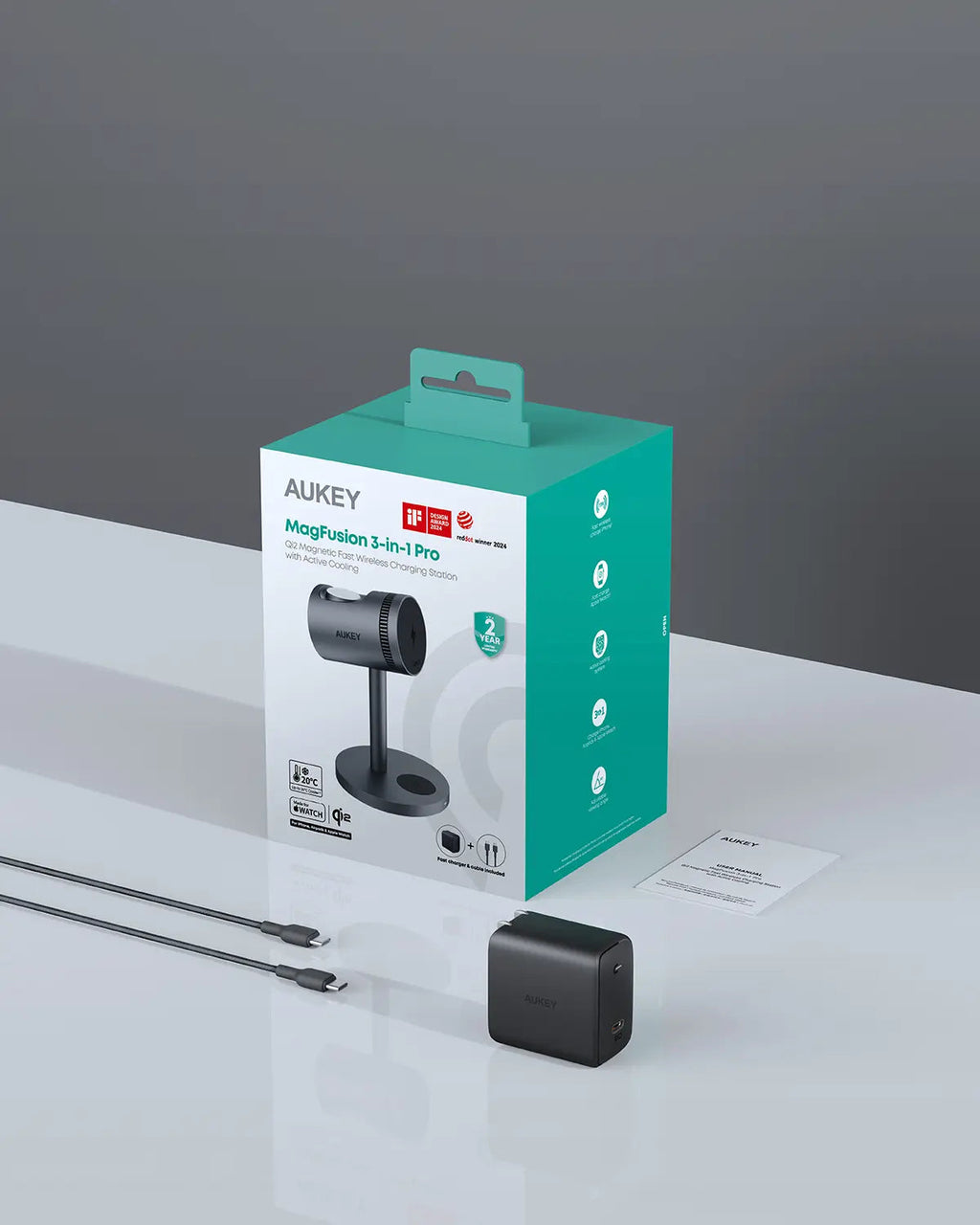Aukey MagFusion 3-in-1 Pro Qi2 Active Cooling Wireless Charging Station