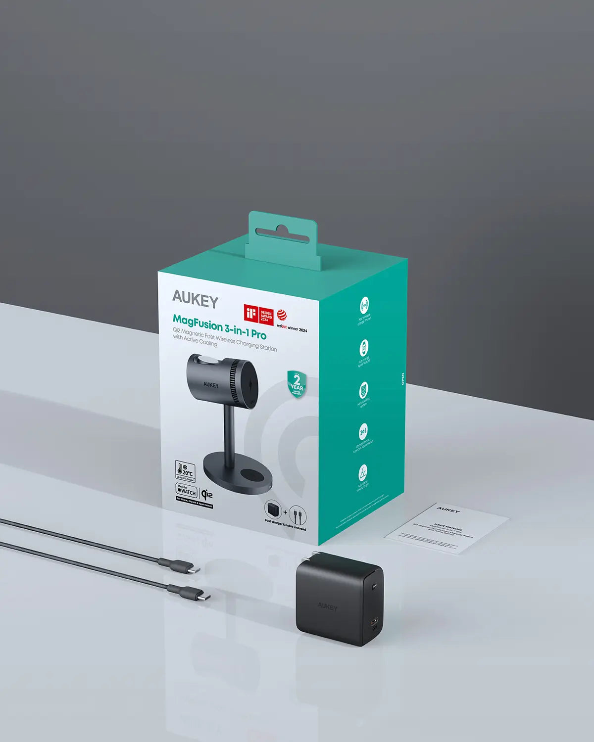Aukey MagFusion 3-in-1 Pro Qi2 Active Cooling Wireless Charging Station