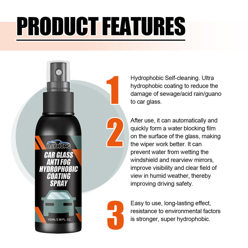 Rayhong Car Windshield Spray, Windshield Rearview Mirror Cleaning, Stain Removal, Hydrophobic Water Repellent, Anti-Fog Agent