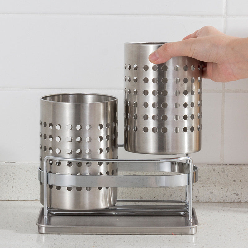 Stainless Steel Double-Tube Cutlery Basket With Storage Rack for Household Kitchen-Silver