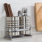 Stainless Steel Double-Tube Cutlery Basket With Storage Rack for Household Kitchen-Silver