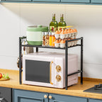 Metal Shelf For Microwave Oven 2 Level Kitchen Storage Rack With 4 Hooks-Black