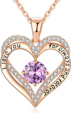 18K Rose Gold Necklaces for Women, 925 Sterling Silver Gifts for Mothers Day, Jewelry for Wife Mom Her Girlfriend, Birthstone Diamond Necklace for Birthday Anniversary, Heart Pendant Jewelry-FEB