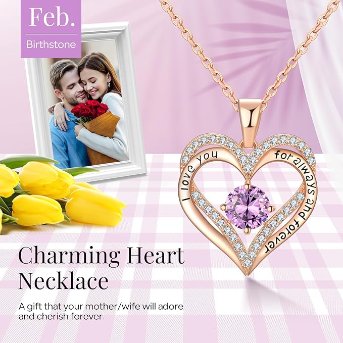 18K Rose Gold Necklaces for Women, 925 Sterling Silver Gifts for Mothers Day, Jewelry for Wife Mom Her Girlfriend, Birthstone Diamond Necklace for Birthday Anniversary, Heart Pendant Jewelry-FEB
