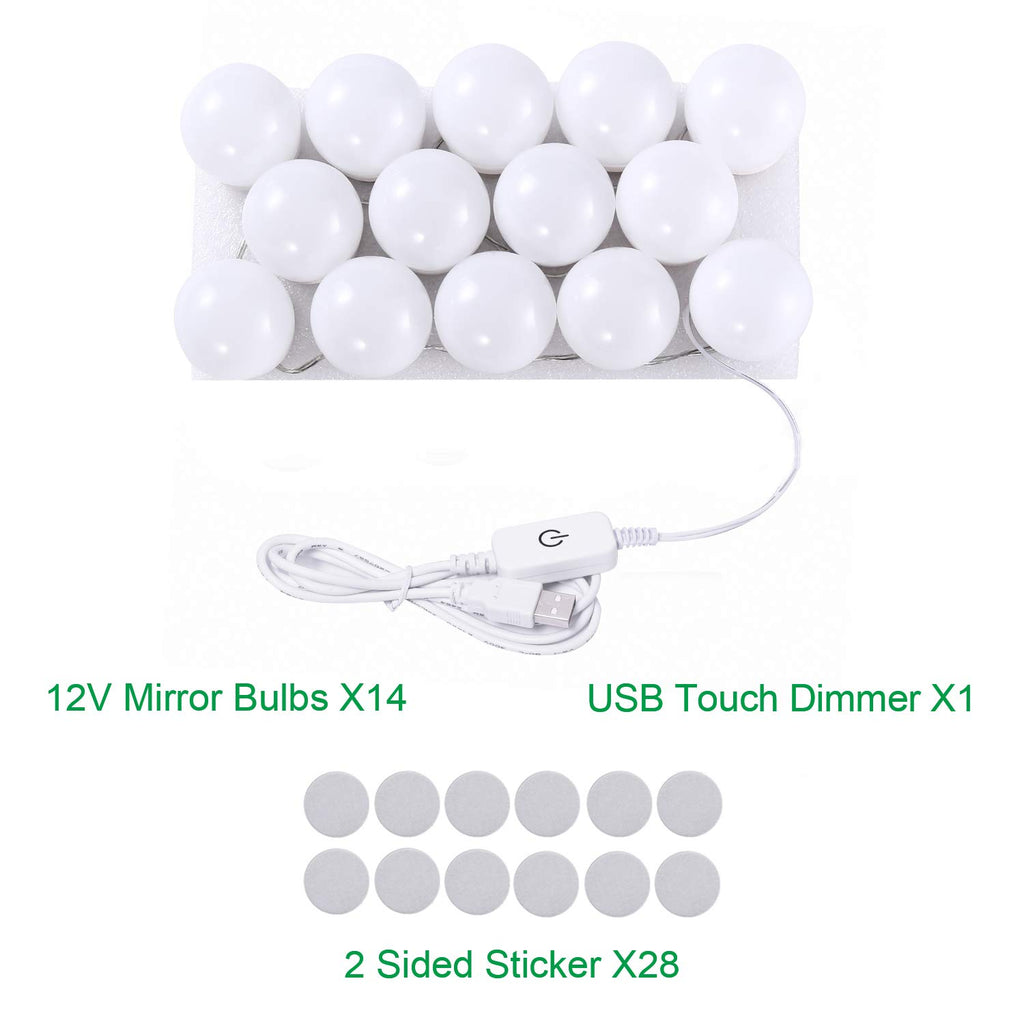 Hollywood LED Vanity Mirror Lights Kit, Dimmable Stick on USB Vanity Lights,Makeup Light Strip for for Bedroom, Dressing Room, Wedding, Party illuminating, CRI>90 (4000K Natural White 14 Bulbs 5V USB)