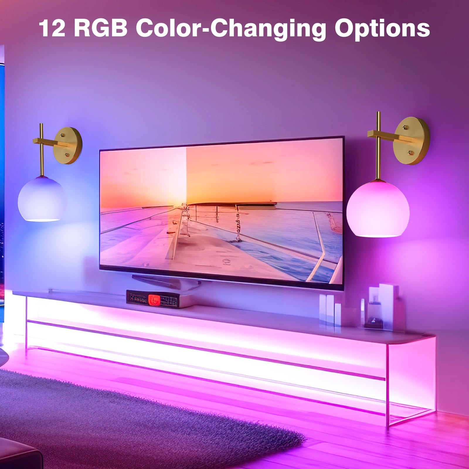 Rechargeable Wall Light Indoor,Battery Operated Wall Lamp with Remote,Indoor Wall Light with 3 Color Modes and RGB,Frosted Glass Wall Mounted Lamp for Living Room Bedrooms 2 Pack (Gold)