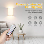 Wall Lights Set of 2, Battery Operated Fabric Sconce with Remote, LED Lamps in RGB+Warm White, Dimmable Timer for Bedroom and Living Room Lighting