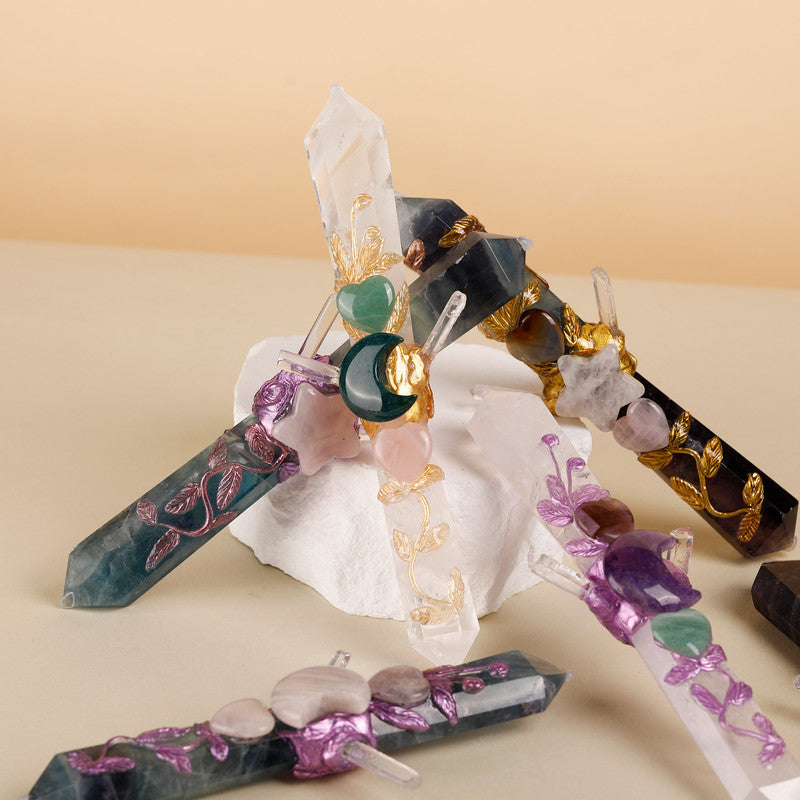 Handmade Crystal Wand Natural Stone Scepter Raw Gemstone Magic Wand Healing Tool Fluorite A