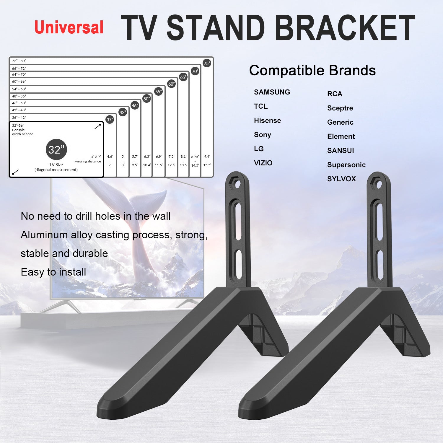 Universal TV Stand with Screws Easy Installation Tabletop Stand for TVs Compatible withSamsung LG TCL Vizio Hisense