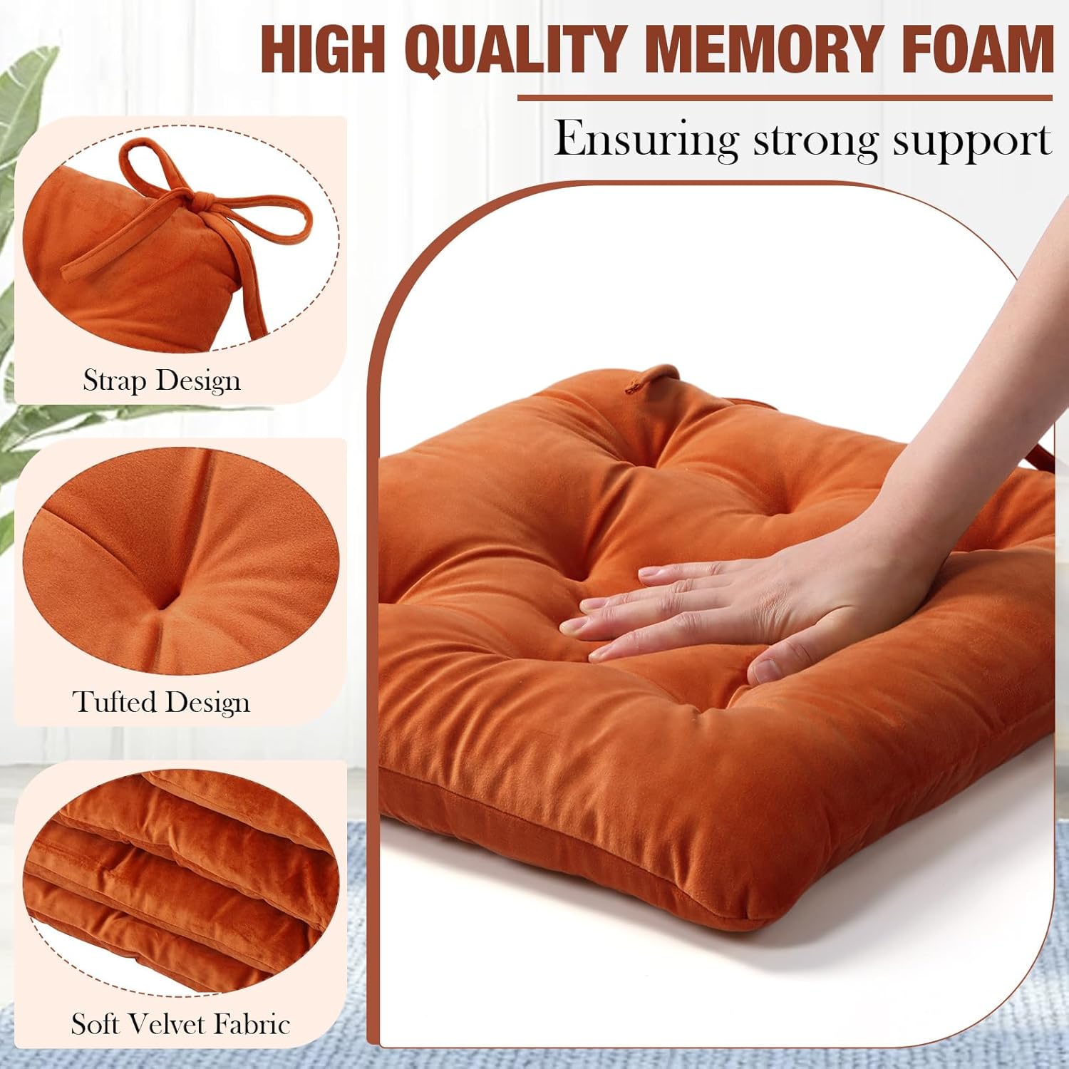 Memory Foam Chair Cushions Set of 4, Thick Indoor Seat Cushions for Dining Chairs Tufted Seat Pads for Kitchen, Dining Room, Office, (Orange,15.5"x15.5"x4")