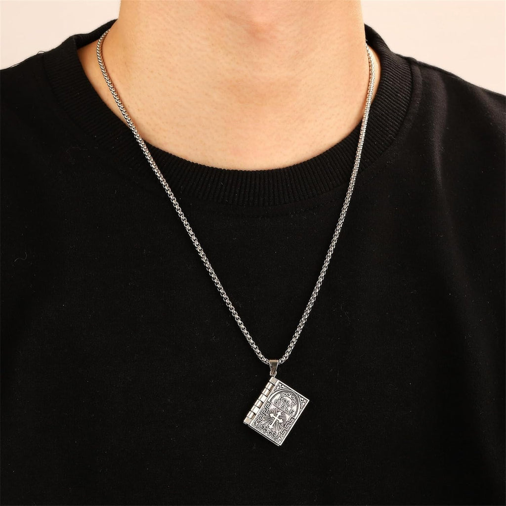2PCS Holy Bible Book Pendant Necklace for Women Men Fashion Retro Scripture Miniature Readable Bible Openable Prayer Verse Adjustable Chain Necklace Christmas Charm Jewelry