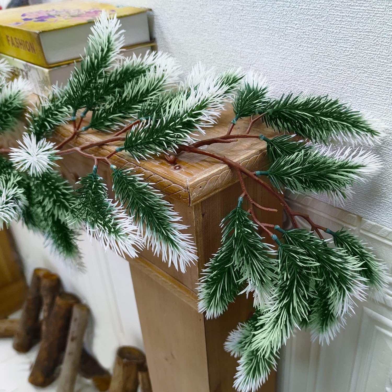 6 Ft Snow Flocked Norfolk Pine Cedar Realistic Pine Artificial Greenery Garlands for Decoration Xmas Mantle Fireplace Table Winter Decor