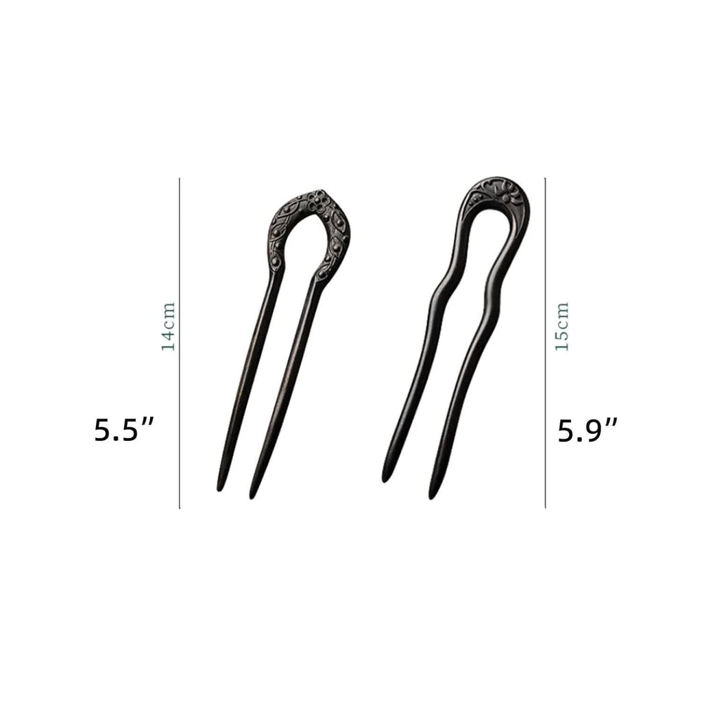 Carved Hair Forks for Buns for Women Two Prong Hair Stick for Long Hair U Shape Wood Hair Pin Handmade Hair Accessories(2pack)