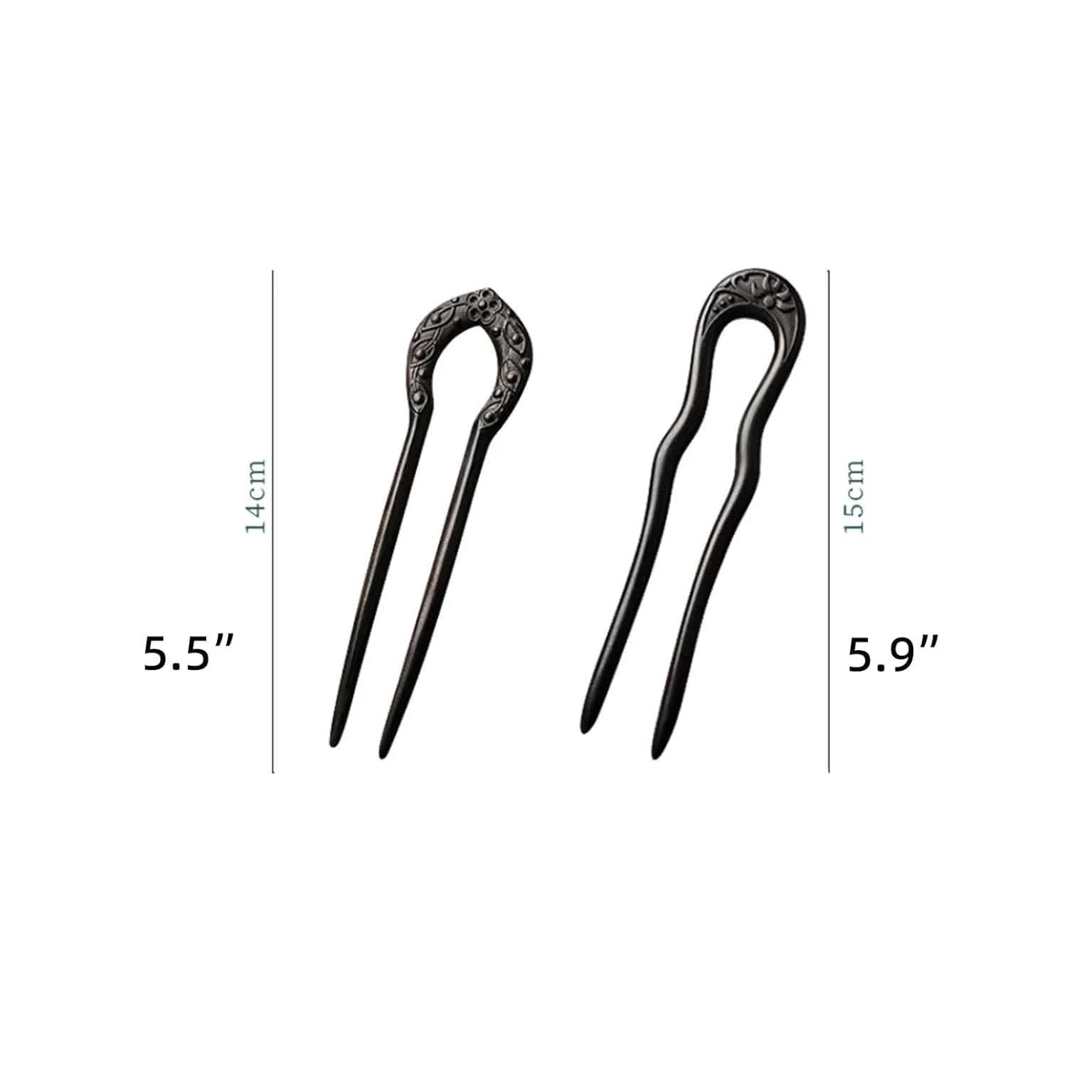Carved Hair Forks for Buns for Women Two Prong Hair Stick for Long Hair U Shape Wood Hair Pin Handmade Hair Accessories(2pack)