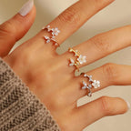 925 Sterling Silver Dainty Camellia Leaf CZs Ring for Women 14K Gold Plated Adjustable Leaves Leaf Laurel Ring to Daughter Mom White Shell Elegant Floral Crystal Finger Rings Wedding Birthday Jewelry