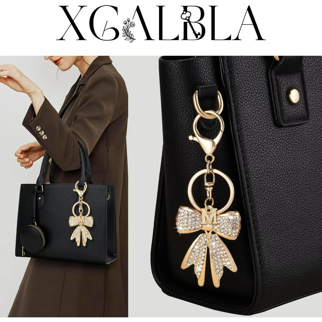 Sparkly Cute Initial Letter Rhinestone Bow Keychain for Women Gold Tone Bag Charms Coquette Aesthetic Purse Charms