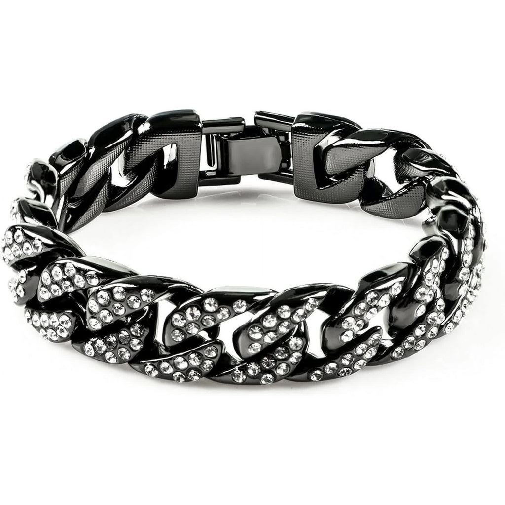 Mens Womens Cuban Link Bracelet Hip Hop Bracelet Gold Chain Bracelet Iced Out Curb Cuban 18k Gold Plated Bracelet With Clear Rhinestones (A-T-Black-8.74in)