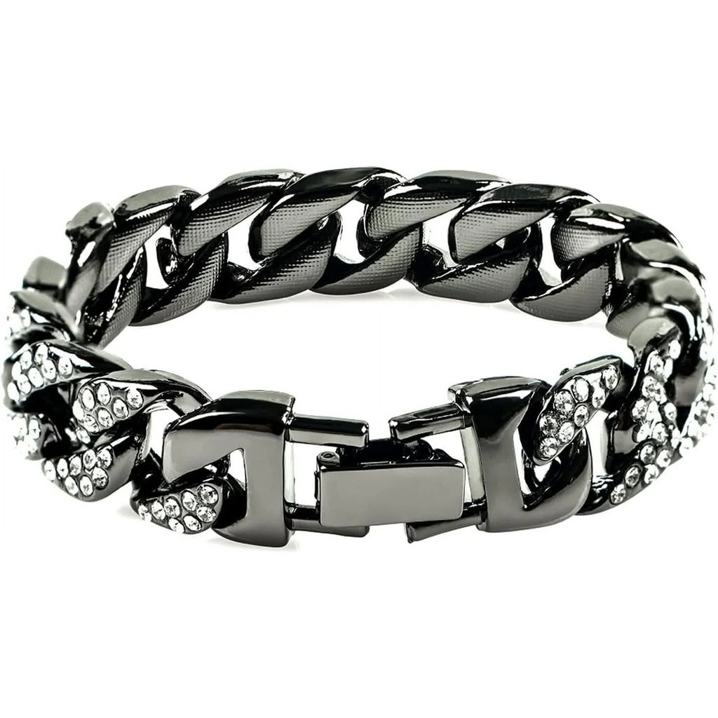 Mens Womens Cuban Link Bracelet Hip Hop Bracelet Gold Chain Bracelet Iced Out Curb Cuban 18k Gold Plated Bracelet With Clear Rhinestones (A-T-Black-8.74in)