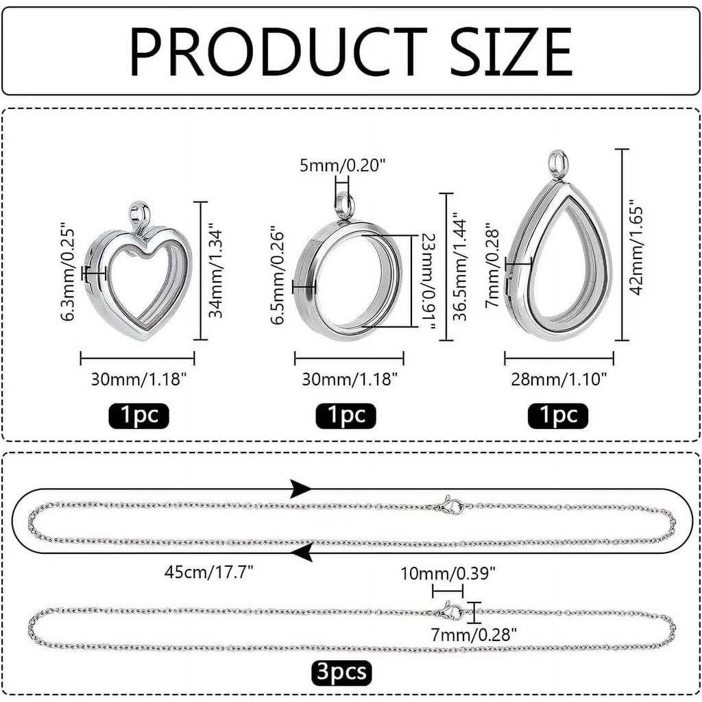 3 Styles Locket Pendant Necklace 304 Stainless Steel Memory Floating Charms Round Memory Necklace Teardrop Heart Pendant Buckle Closure for Women Friendship Necklace Memory Nostalgic