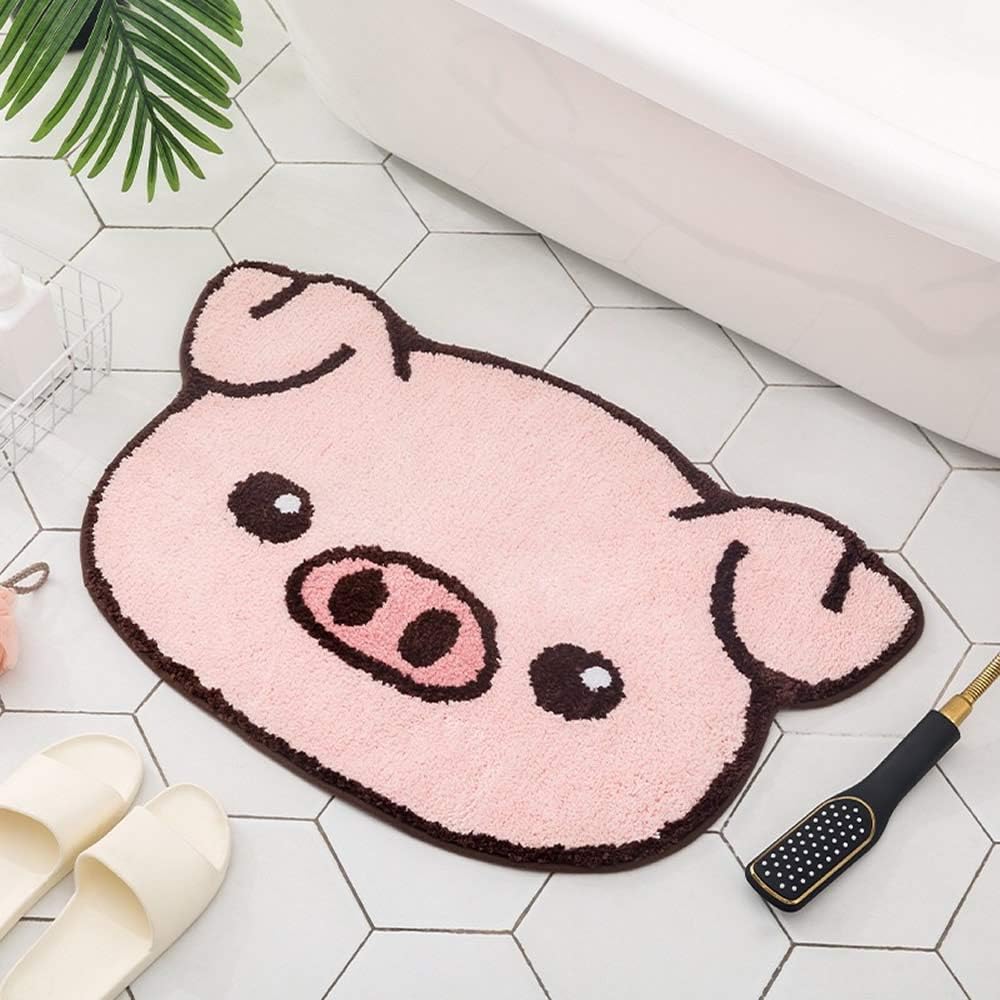 Thick Pink Pig Design Cute Bathroom mat,Showroom Bathmat,Non-Slip Bath Rugs,Play Carpet Area Rug for Kids,Photography Props,Home Decor,Indoor mat,Plush Bathroom Rugs(Pig's Head)