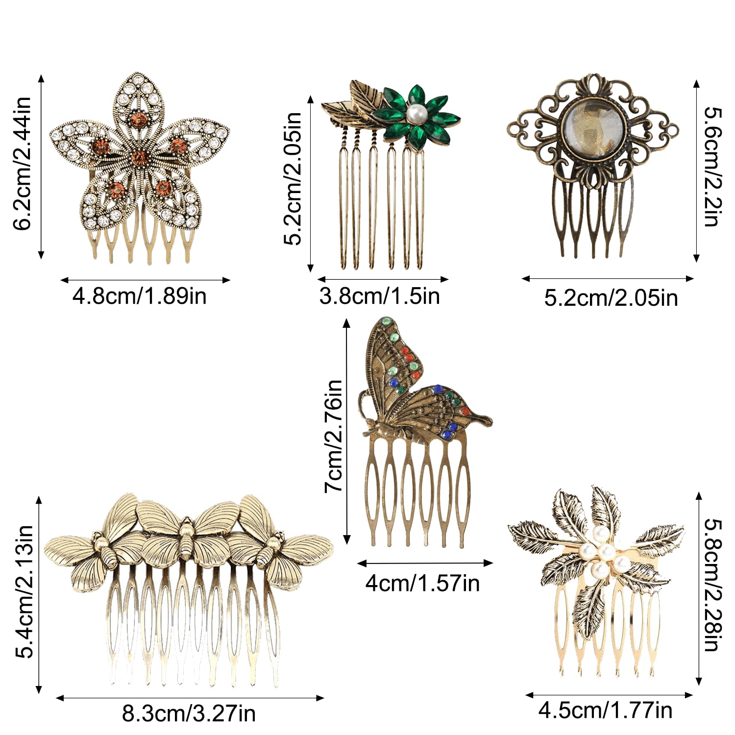 6 Pack Vintage gold Hair Side Combs for Women Decorative,Butterfly Flower Leaf Pearl Rhinestone Metal Hair Comb Tooth Clip with Teeth Grip Crystal Bridal Hair Piece Pins for Wedding Accessories