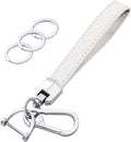 Leather Wristlet Keychain,Car Key Chain Wrist Keychain with 3 Key Ring and Anti-Lost D Ring (White Silver)