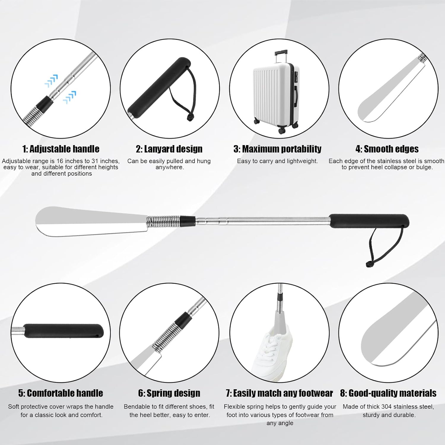 Extendable Shoe Horn, Premium Stainless Steel Adjustable Handle Shoe Lifter with Long Handle Shoehorn Telescopic Travel Shoe Helper Shoe Aid Tools for Women Men Seniors
