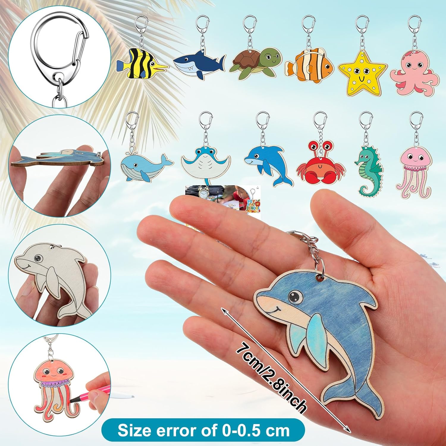 36 Pcs Sea Life Unfinished Wooden Keychains Color Your Own Unfinished Wooden Crafts Blank Wood Painting DIY Crafts for Home Activities Arts Project Decoration Sea Life