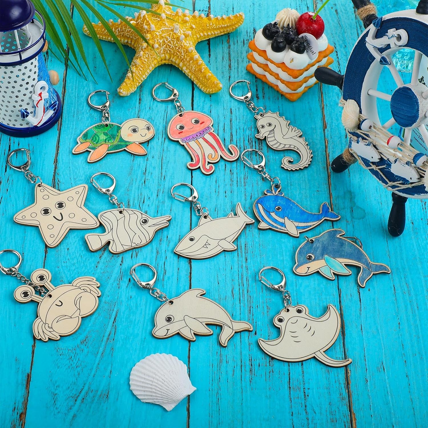 36 Pcs Sea Life Unfinished Wooden Keychains Color Your Own Unfinished Wooden Crafts Blank Wood Painting DIY Crafts for Home Activities Arts Project Decoration Sea Life