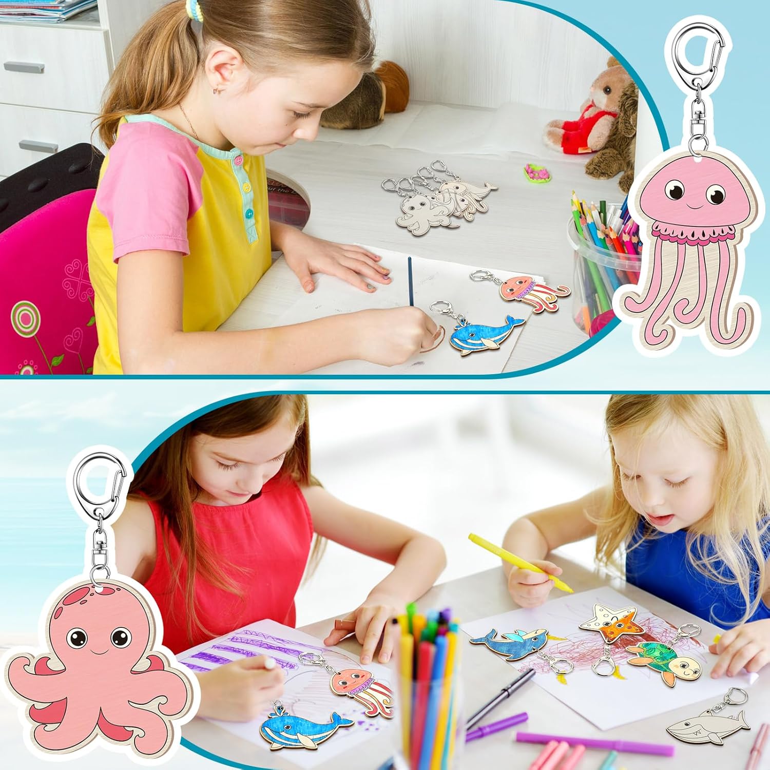 36 Pcs Sea Life Unfinished Wooden Keychains Color Your Own Unfinished Wooden Crafts Blank Wood Painting DIY Crafts for Home Activities Arts Project Decoration Sea Life
