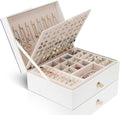 Jewelry Box Organizer for Necklaces, Earrings, Bracelets, Rings, Large PU Leather Jewelry Box with 3 Stackable Layers (White)