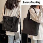 Handmade Canvas Shoulder Bag for Women Black Medium with Compartments Zipper College School Work Travel