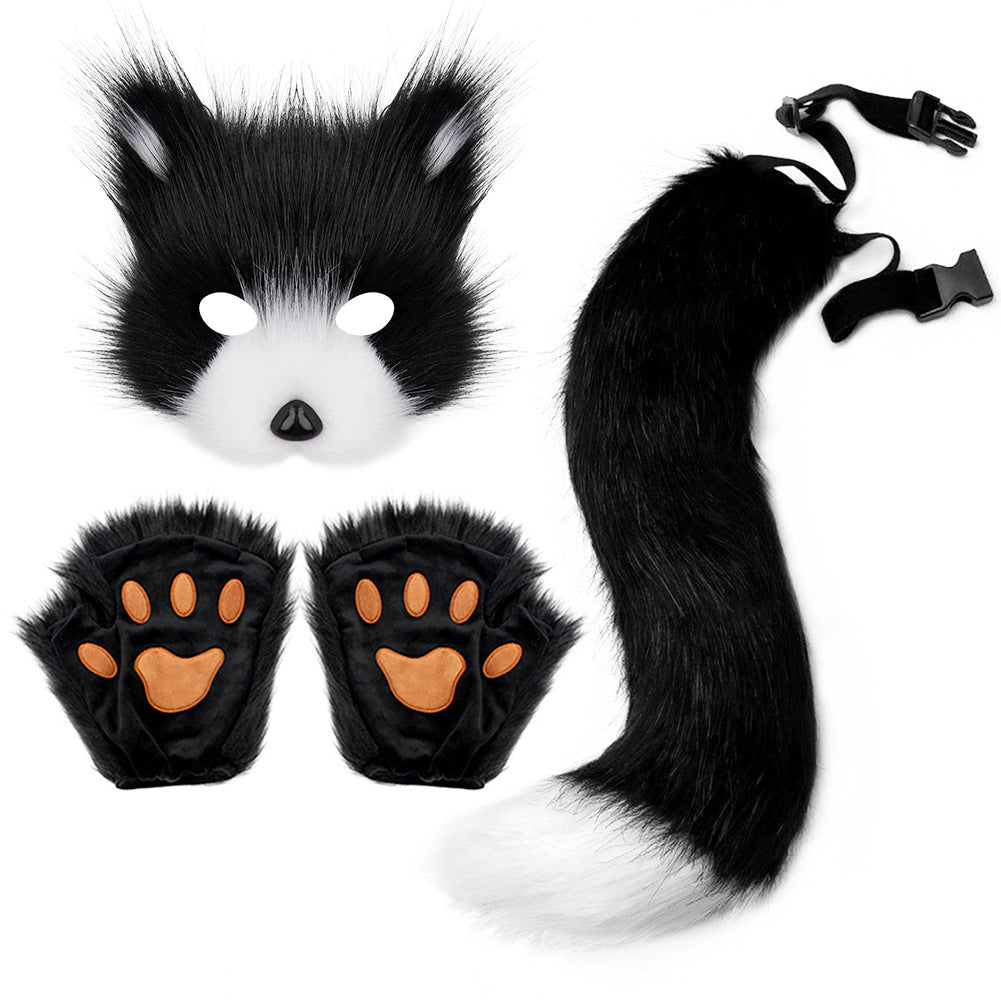 Halloween costume simulation fox mask gloves plush fox tail handmade animal tail cosplay props accessories Red, brown and white three-piece set One Size