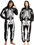 Unisex Skeleton Onesie Pajamas Plush Skeleton Jumpsuit Zipper Halloween Hoodie Pajamas for Adults Sleepwear Costume Black XL
