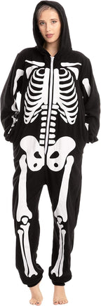 Unisex Skeleton Onesie Pajamas Plush Skeleton Jumpsuit Zipper Halloween Hoodie Pajamas for Adults Sleepwear Costume Black XL