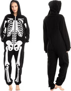 Unisex Skeleton Onesie Pajamas Plush Skeleton Jumpsuit Zipper Halloween Hoodie Pajamas for Adults Sleepwear Costume Black XL