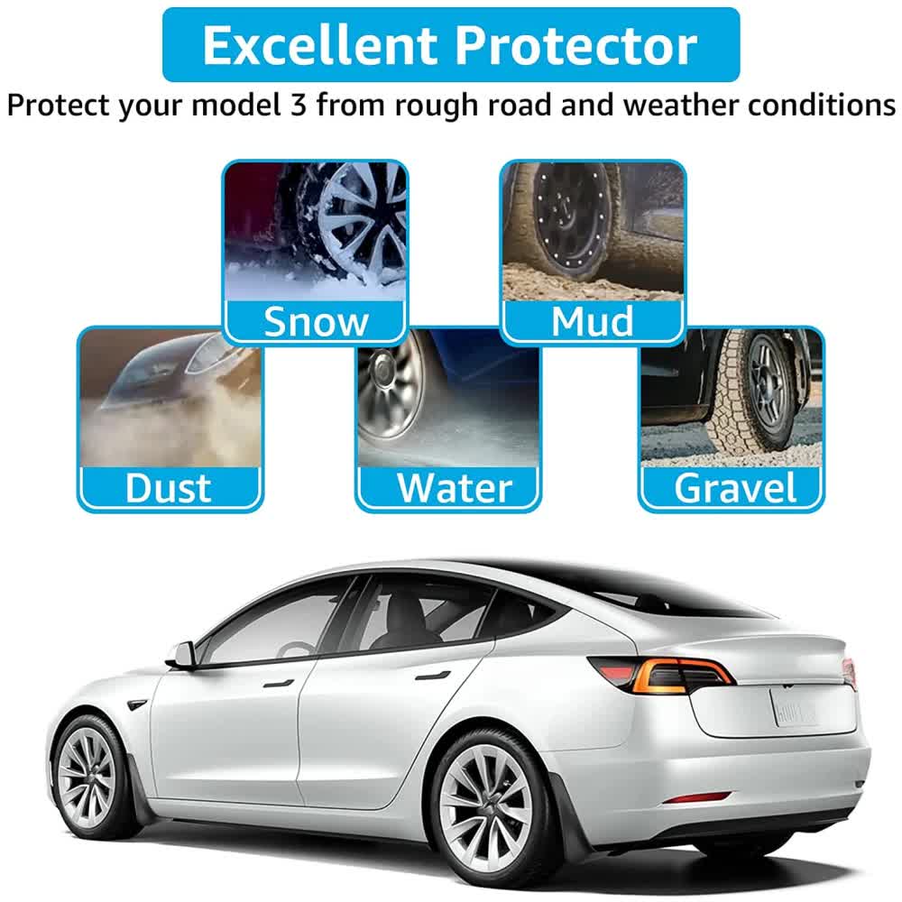 Tesla Model 3 Mud Guards Set of 4 Front and Rear Fenders White Compatible with Tesla