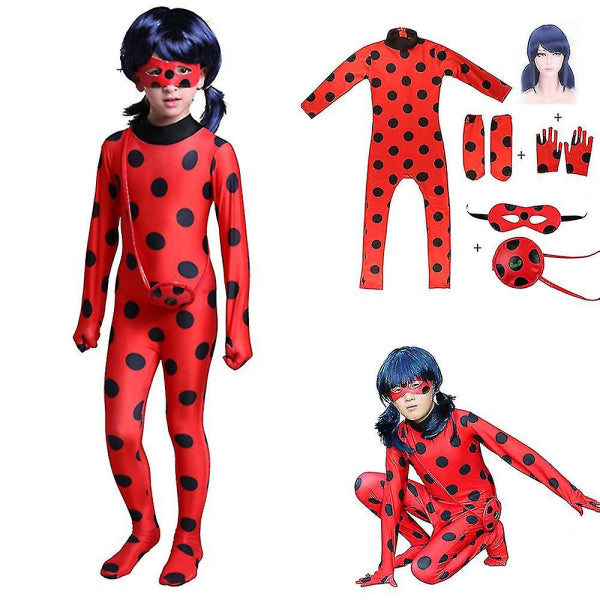 Kids Ladybug Cosplay Set Halloween Costume with Wig, Blindfold, Bag for Girls Compatible with Brands 140cm (130-140cm)