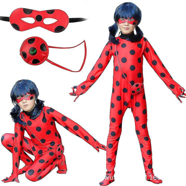 Kids Ladybug Cosplay Set Halloween Costume with Wig, Blindfold, Bag for Girls Compatible with Brands 140cm (130-140cm)
