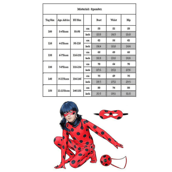 Kids Ladybug Cosplay Set Halloween Costume with Wig, Blindfold, Bag for Girls Compatible with Brands 140cm (130-140cm)