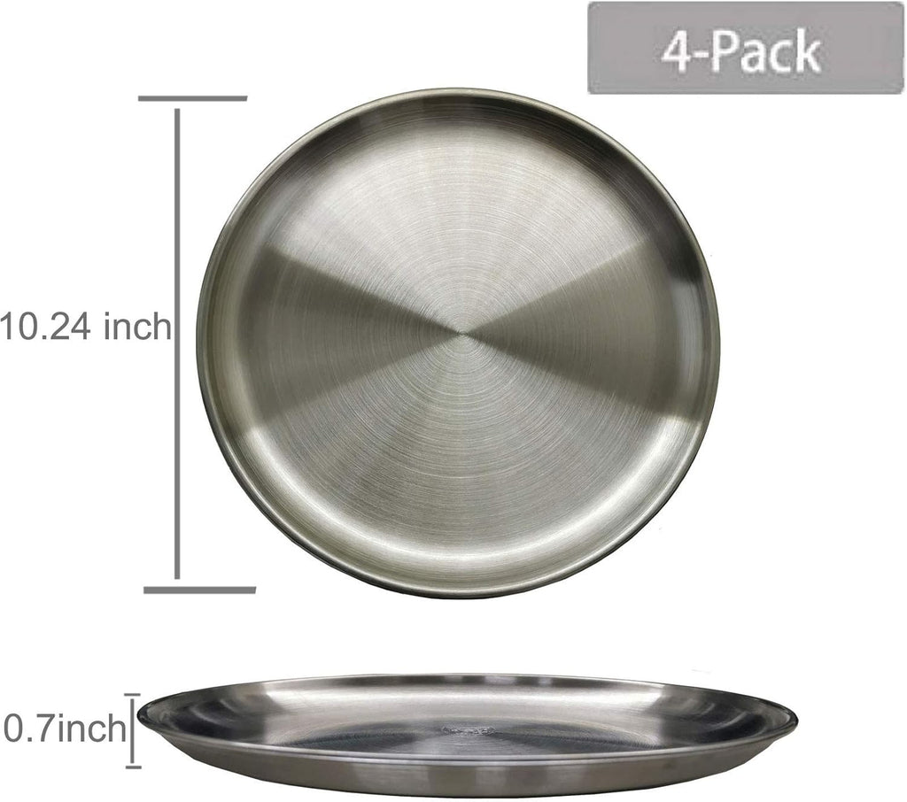 Stainless Steel Dinner Plates, Stainless Steel Plates, 10 inch, Metal Round Dinner Plate for Adults, Eating, Camping, Picnic,Outdoor, Unbreakable Dishwasher Safe(Pack of 4) Silver 10.24 inch