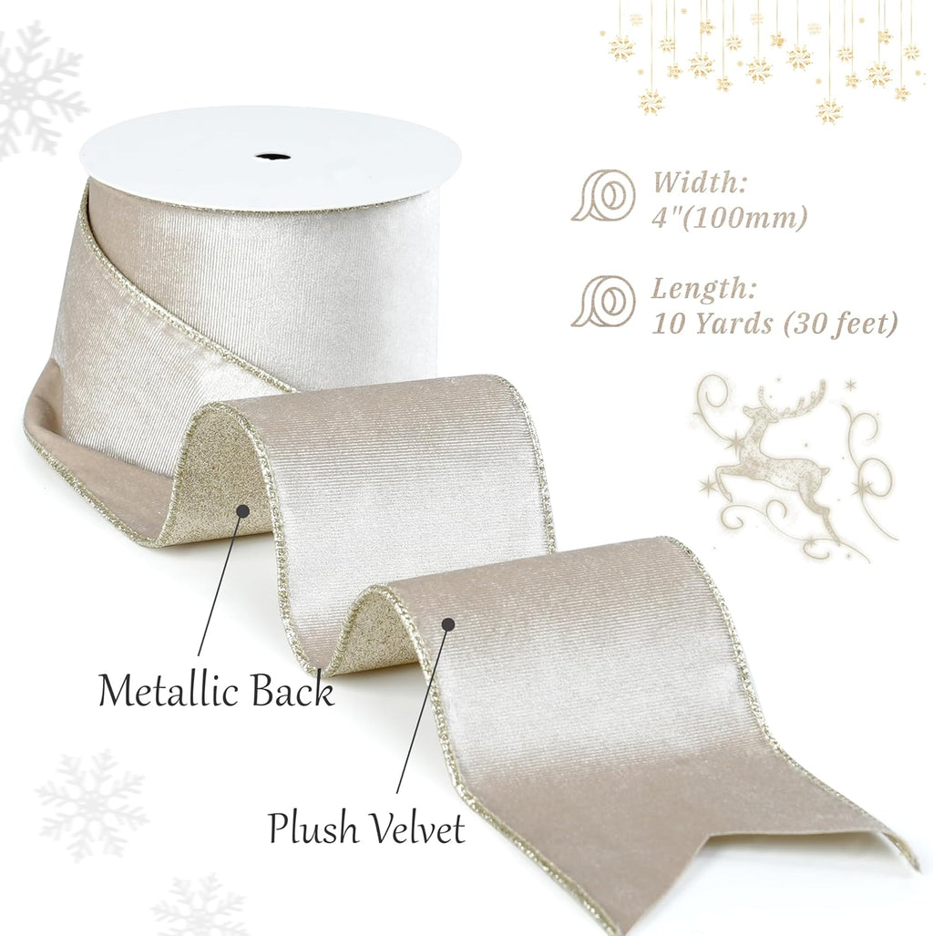 Champagne Velvet Wired Ribbon with Glitter Back 4 Inch Ivory and Gold Christmas Wired Ribbon for Christmas Tree Decorations, Gift Wrapping, Mantel, Wreaths Supplies, Topper Bows (10 Yards)