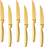 Stainless Steel Serrated Steak Knife Set of 6, BuyGo Gold Color Heavy Duty Dinner Table Knives for Cutting Meat, Beef, 8.6 Inch, Dishwasher Safe