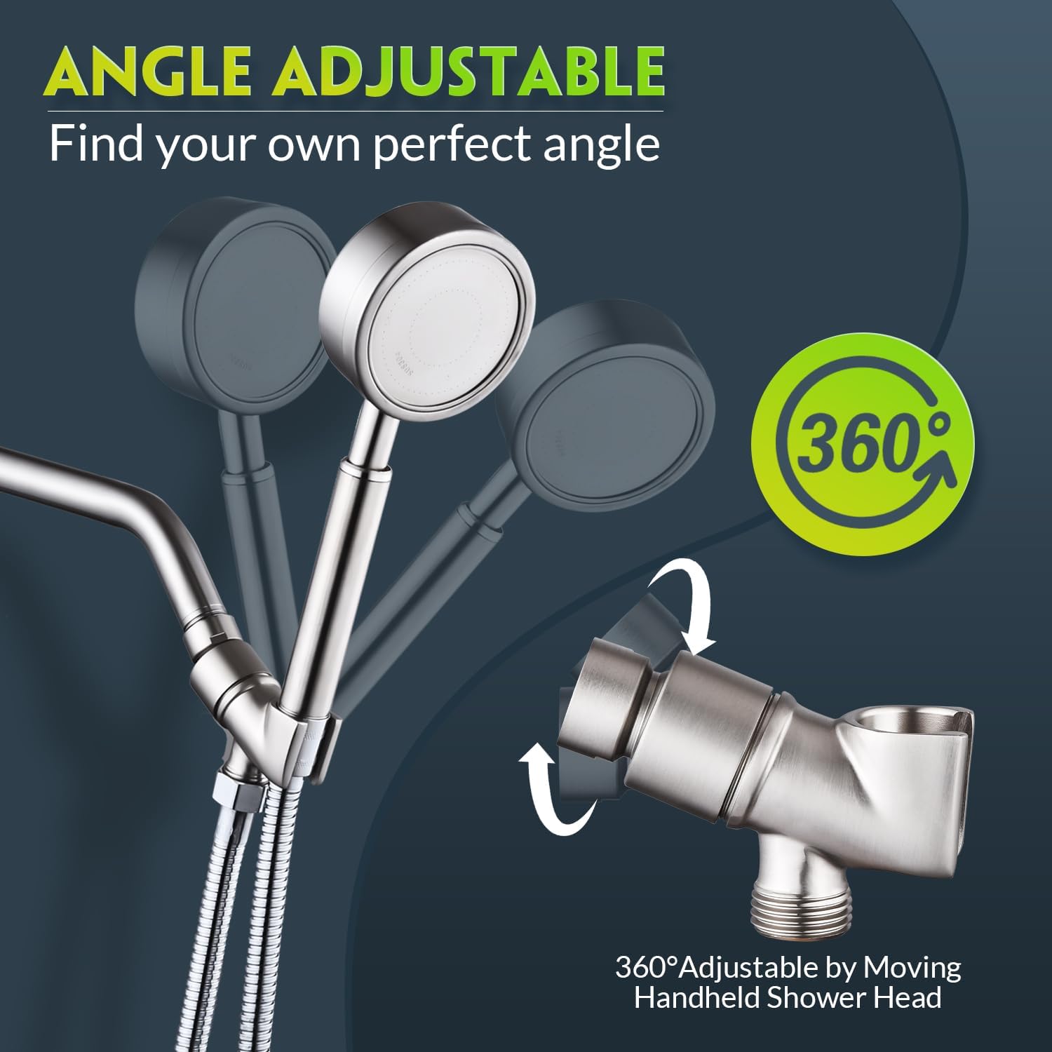 All Metal Handheld Shower Head Holder - Adjustable Brass Mount with 360 Degree Swivel Pivot Ball for Universal Shower Arm and Shower Hose Chrome Plated (Nickel)