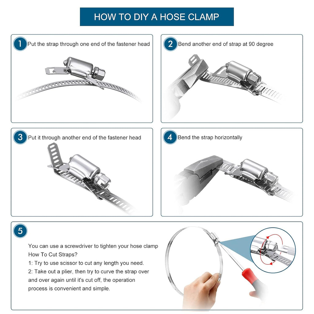 Hoses Clamps, Clamps Worm, Worm Clamps Stainless Steel, Large Hose Clamp Worm Drive Hose Clamps Adjustable Pipe Hose Clamp for Intercooler, Pipe, Plumbing, Tube and Fuel Line (9 Pieces,11.5 Feet)