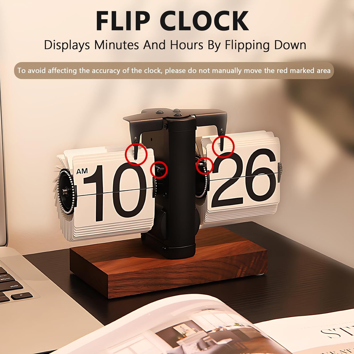 Flip Desk Clock, Retro Vintage Flip Desk Table Clock, Digital Flip Clock 12h Single Sided Large Numbers Automatic Retro Mechanical Flip Clock Wood Base for Living Room (Black,  9gcnkt2zgp-11